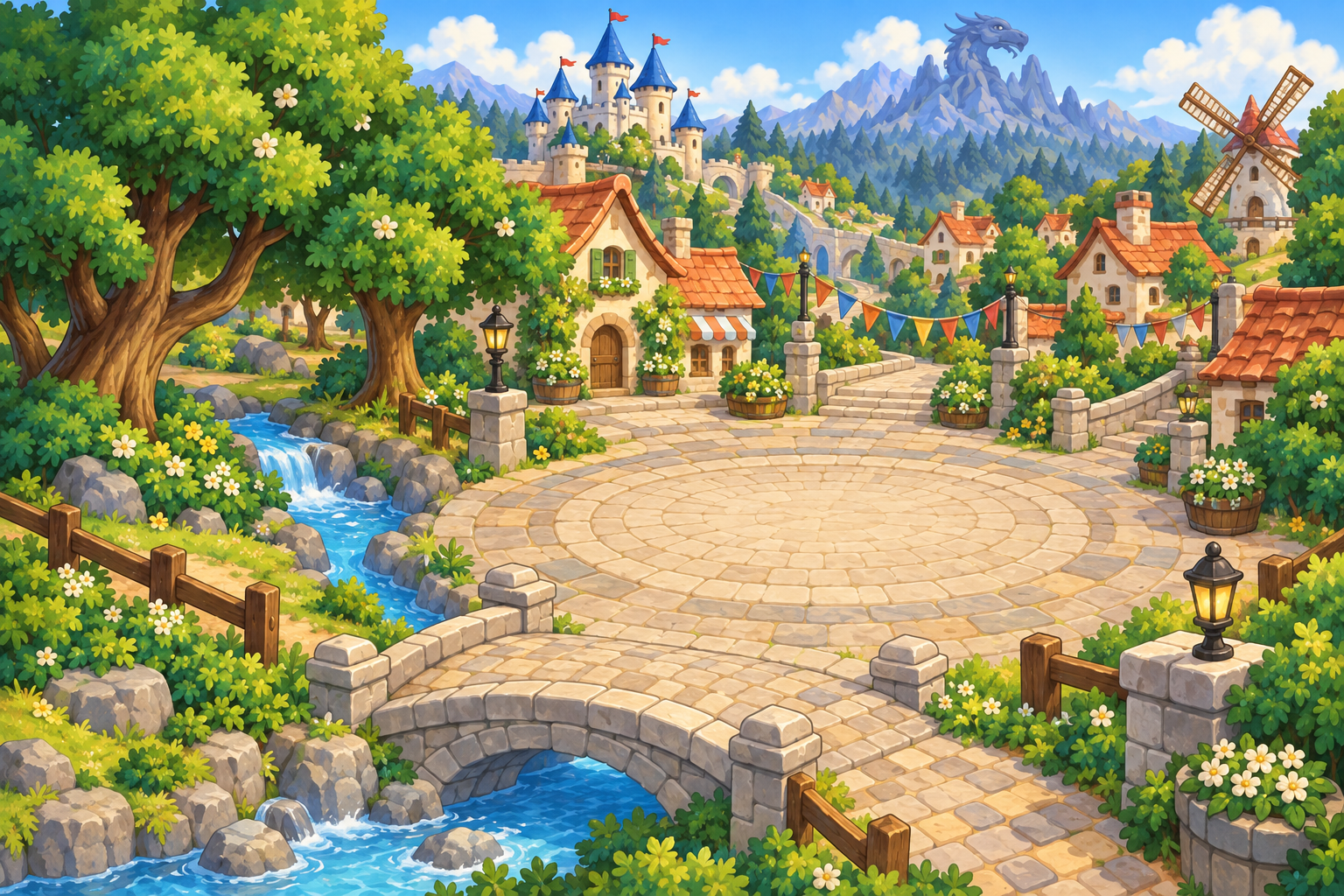 A path through Learning Town toward a castle and mountains.