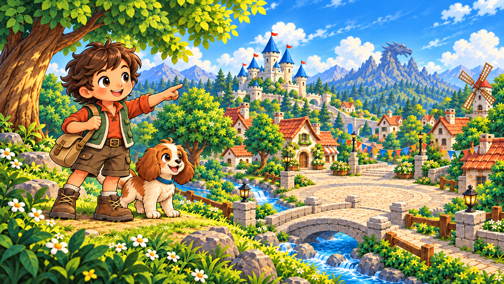 Ari and a puppy look toward Pimblora’s storybook town, castle, and mountains.